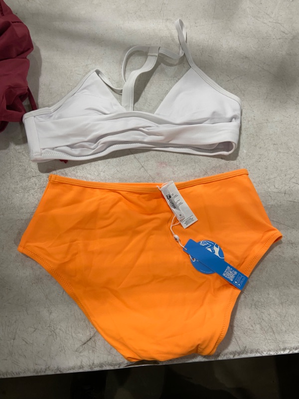 Photo 2 of Womens (M) Solid White Bikini With Orange High Waisted Bottom
