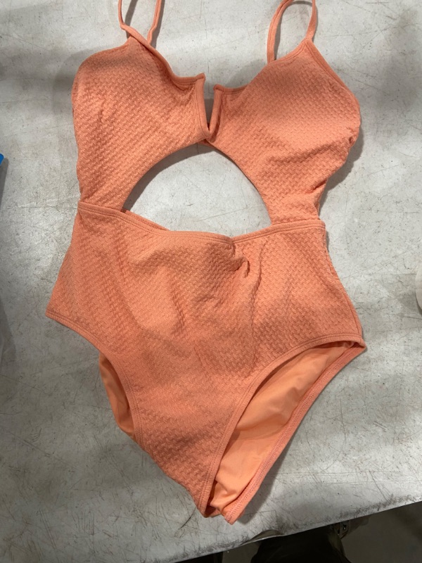 Photo 2 of Womens (M) Sanddollar Texture V-Wire Cutout Plunge One Piece Swimsuit
