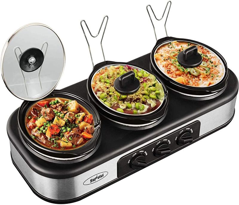 Photo 1 of Triple Slow Cooker with Non-Slip Feet, 3 x 1.5 Quart Slow Cooker, 3 Pot Food Warmer Adjustable Temperature Lid Rests Stainless Steel Manual Silver for Parties, Holidays, Families
