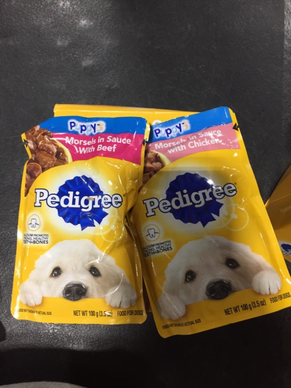 Photo 3 of 2 BOXES -(8 Pack) PEDIGREE CHOICE CUTS Puppy Morsels in Sauce Wet Dog Food Variety Pack With Chicken and With Beef, 3.5 oz. Pouches ( BEST BY 09/ 22 )
