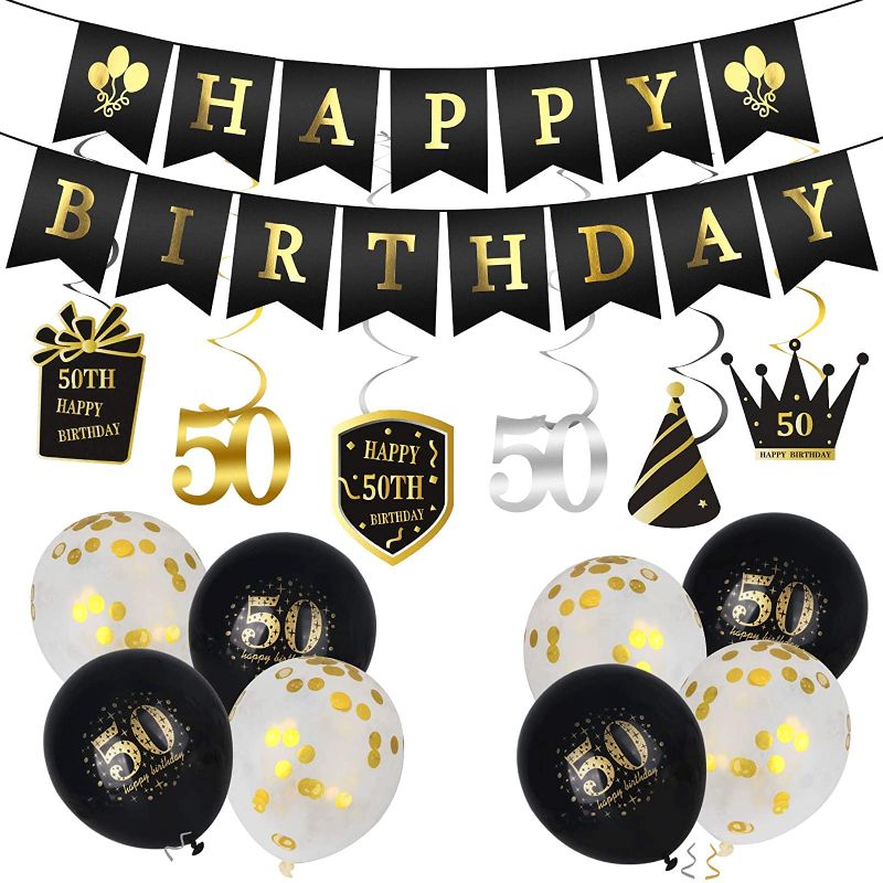 Photo 1 of Birthday Decorations 50th Birthday Gifts for Women & Men & Girl & Boy, Happy Gold Birthday Banner Balloons Hanging Swirls for Happy Birthday Decorations, Baby Shower, Wedding, Party Decorations
