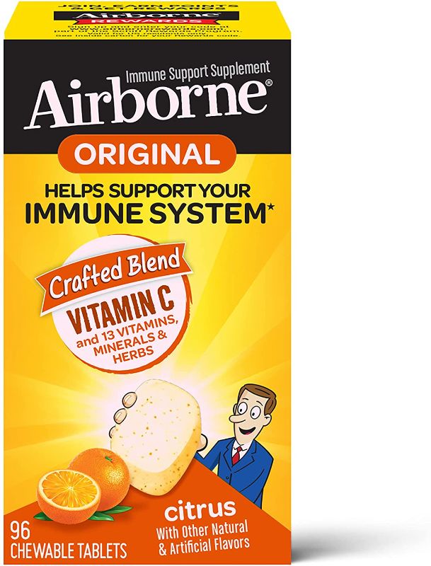 Photo 1 of Airborne 1000mg Vitamin C Chewable Tablets with Zinc, Immune Support Supplement with Powerful Antioxidants Vitamins A C & E - (96 count bottle), Citrus Flavor, Gluten-Free
