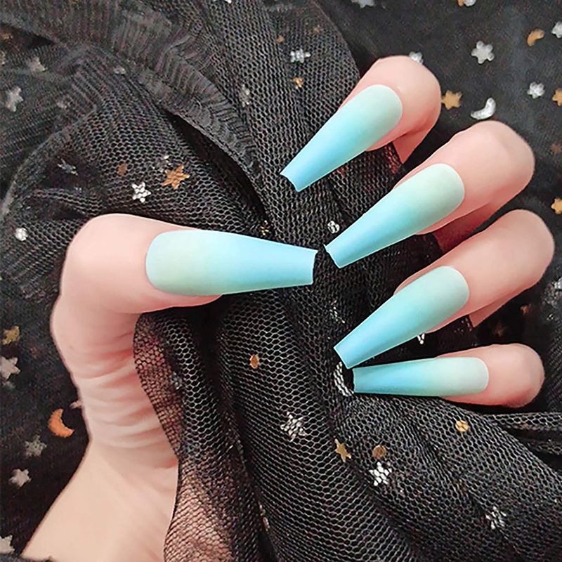 Photo 1 of Hzacye 24 Pcs Press on Nails, Long Coffin Fake Nails, Matte False Nails with Glue for Women (Blue & Green)
