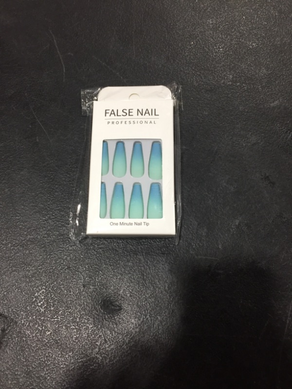 Photo 2 of Hzacye 24 Pcs Press on Nails, Long Coffin Fake Nails, Matte False Nails with Glue for Women (Blue & Green)
