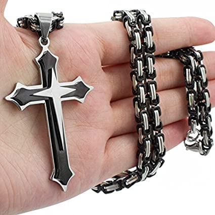 Photo 1 of Reizteko Stainless Steel Mens Cross Necklace Pendant for Boys Byzantine Chain Black- 24" chain