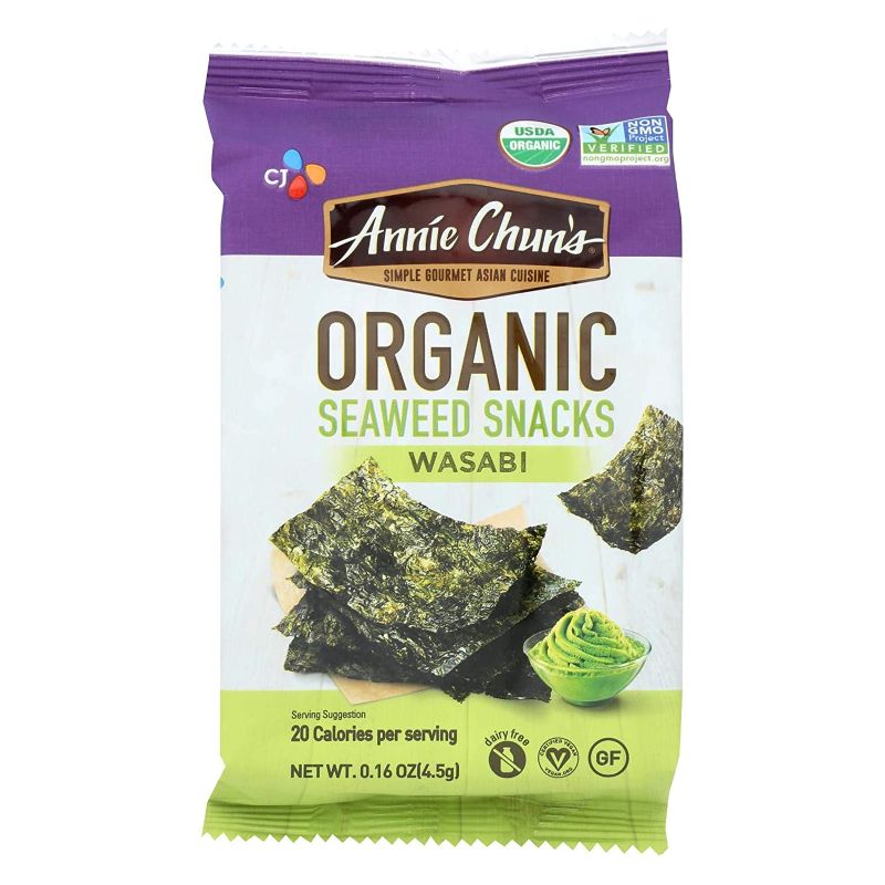 Photo 1 of ANNIE CHUN'S, Seaweed Snk, Og2, Wasabi, Pack of 12, Size .16 OZ, (Gluten Free GMO Free Vegan 95%+ Organic) ( BEST BY 03/22 )
