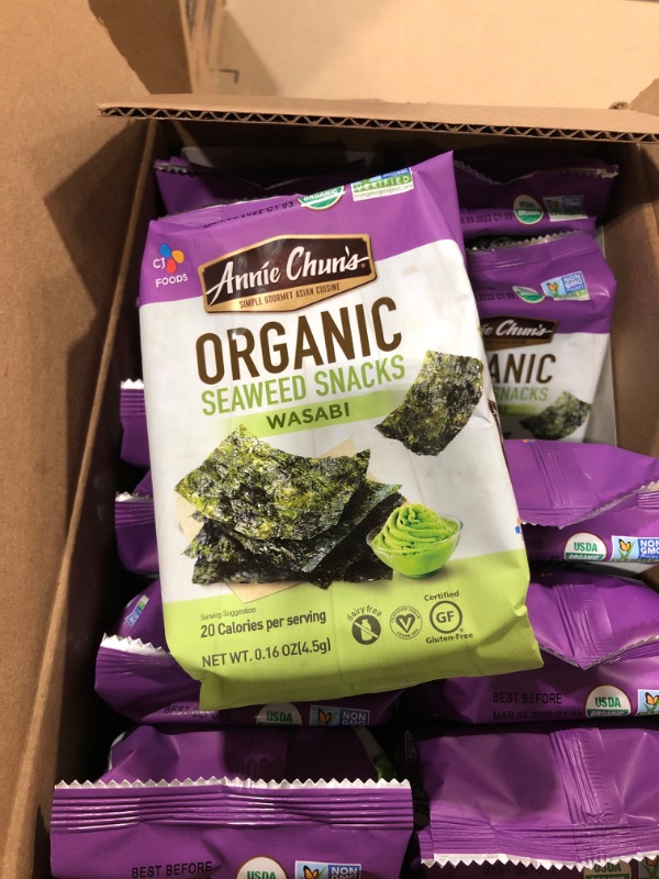 Photo 3 of ANNIE CHUN'S, Seaweed Snk, Og2, Wasabi, Pack of 12, Size .16 OZ, (Gluten Free GMO Free Vegan 95%+ Organic) ( BEST BY 03/22 )
