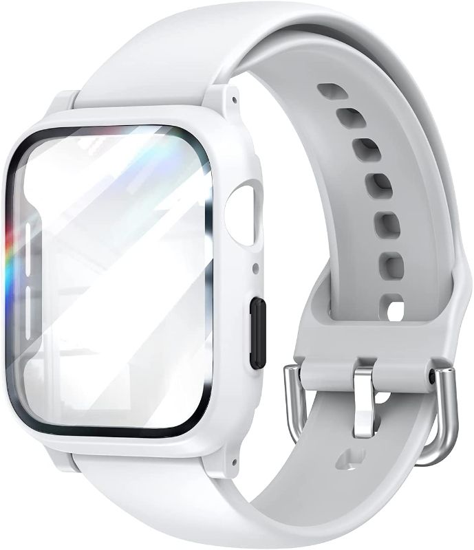 Photo 1 of L?K Compatible with Apple Watch 40mm SE Series 6/5/4 Band Strap with Case Built-in Tempered Glass Screen Protector for iWatch, Sports Protective Cases Drop-Proof Shockproof - White
