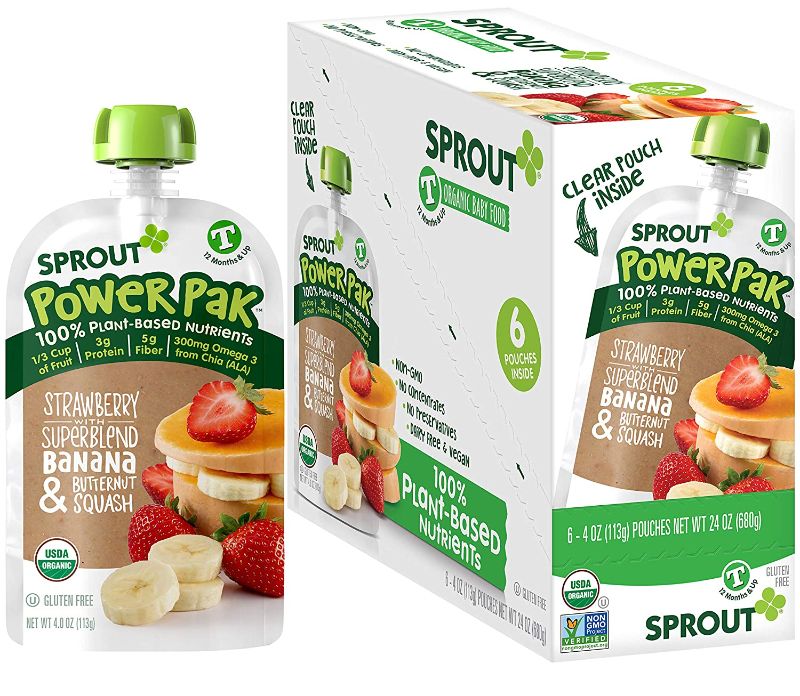 Photo 1 of 2 boxes of Sprout Organic Baby Food, Stage 4 Toddler Pouches, Strawberry Banana & Butternut Squash Power Pak, 4 Oz Purees (Pack of 6) BEST BY: 05/28/2022
