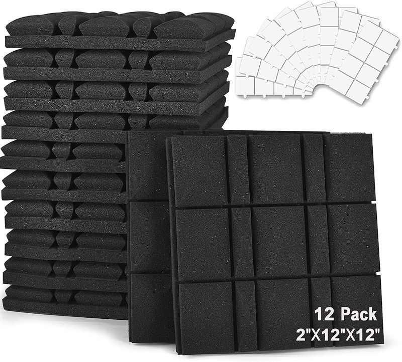 Photo 1 of OBSEDE 12 Pack Acoustic Foam Panels, 2" X 12" X 12" Mushroom Sound Absorbing Studio Foam Wedges with Double Sided Adhesive Tapes for Wall Celling
