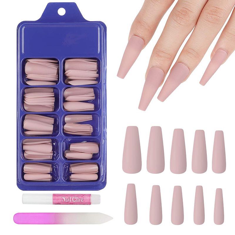 Photo 1 of 100 Pieces Extra Long Press on Nails Coffin Matte Fake Nails Set Solid Color Ballerina Acrylic Nail Art Tips for Women Girls Artificial False Nails with Nail File & Nail Glue (Nude) (2 PACK)
