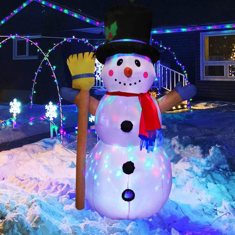 Photo 1 of 4.1 FT Christmas Inflatable Snowman Decoration, Rotating Colorful LED Lights Blow Up Inflatables Snowman with Broom Gentleman Hat Yard Decorations for Holiday Xmas Party Indoor Outdoor Lawn Decor