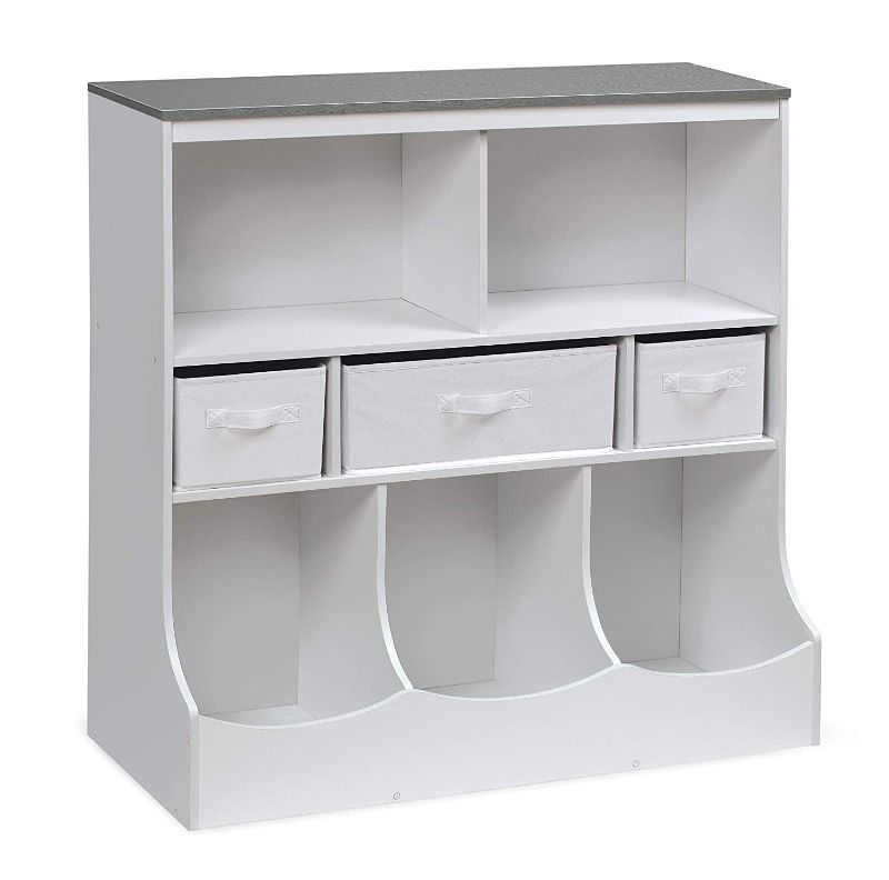 Photo 1 of Badger Basket Combo Bin Toy Storage Unit and Book Shelf for Kids with 3 Baskets, Solid White/Woodgrain Gray