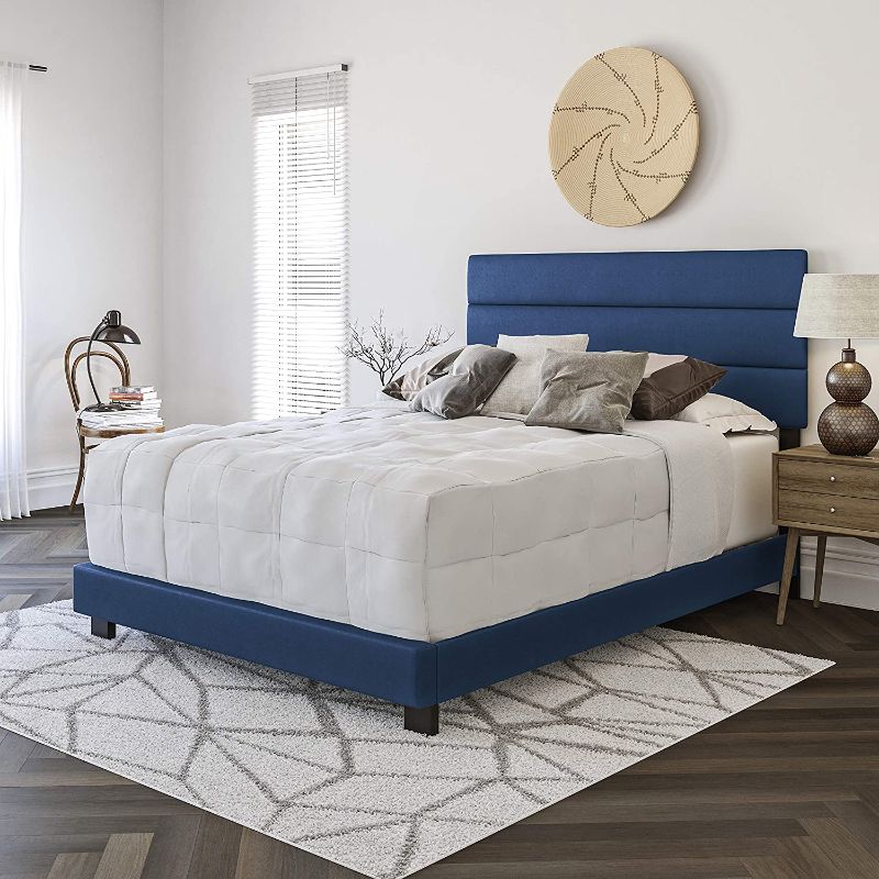 Photo 1 of Boyd Sleep Montana Upholstered Platform Bed Frame Mattress Foundation with Tri-Panel Headboard and Strong Wood Slat Supports: Faux Leather, Blue, Queen