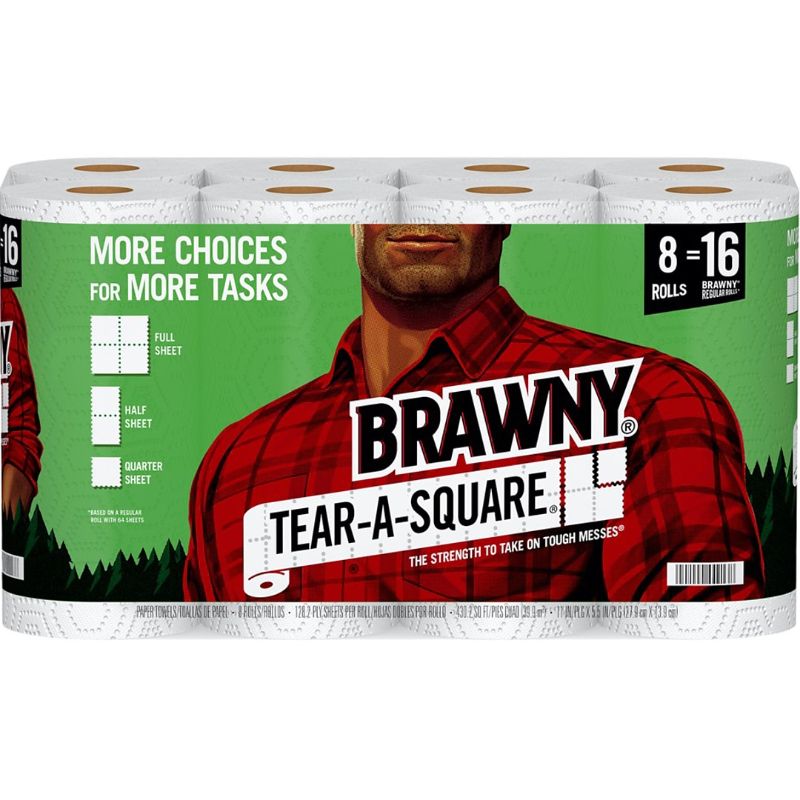 Photo 1 of Brawny Tear-A-Square Kitchen Roll Paper Towels, 2-Ply, 128 Sheets/Roll, 8 Rolls/Pack