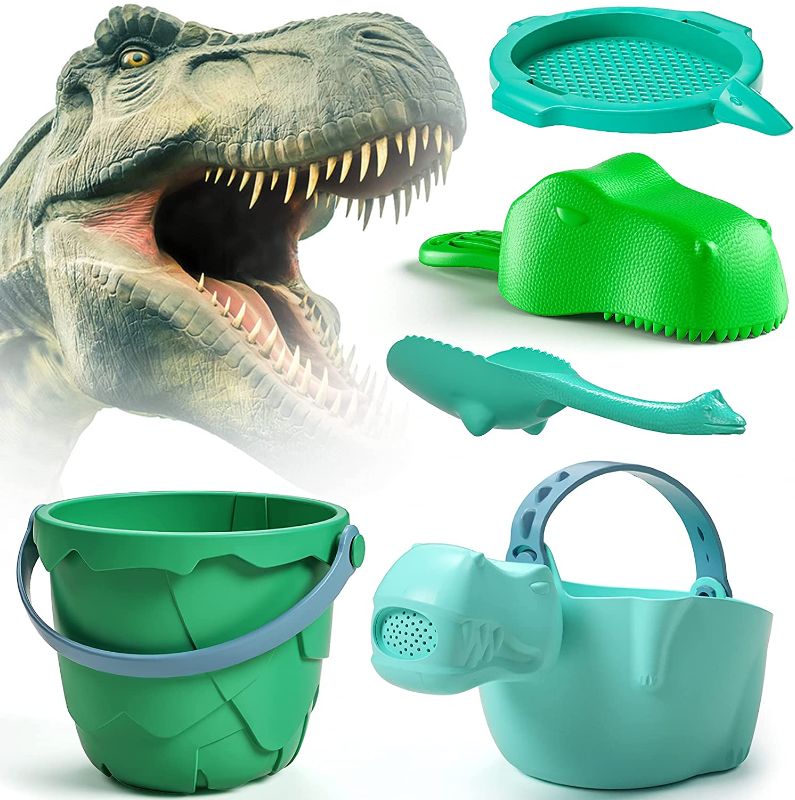 Photo 1 of burgkidz Sand Toys Set for Kids, Toddlers Beach Toys Dinosaur Theme Series, Includes Sand Bucket Shovels Watering Can and Sand Sieve Toys for Beach
