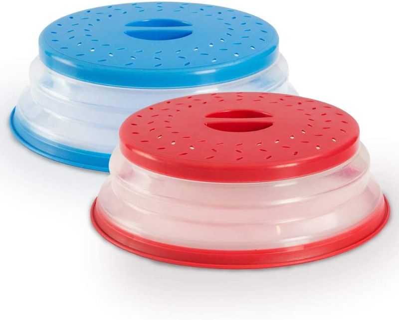 Photo 1 of BESYZY 2PCS Collapsible Plastic Microwave Plate Cover Food Splatter Guard Colander Strainer with Steam Vents for Fruit Vegetables (Red and Blue)
