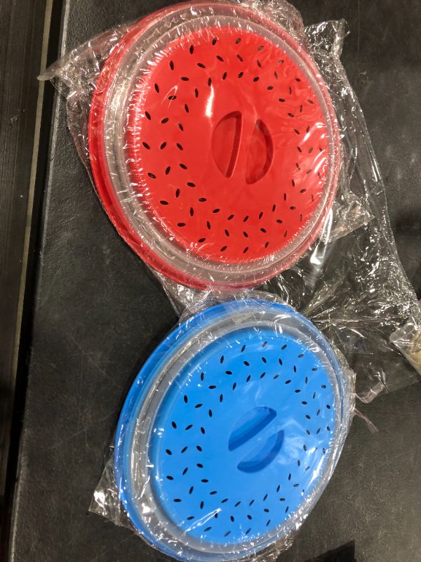 Photo 1 of BESYZY 2PCS Collapsible Plastic Microwave Plate Cover Food Splatter Guard Colander Strainer with Steam Vents for Fruit Vegetables (Red and Blue)
