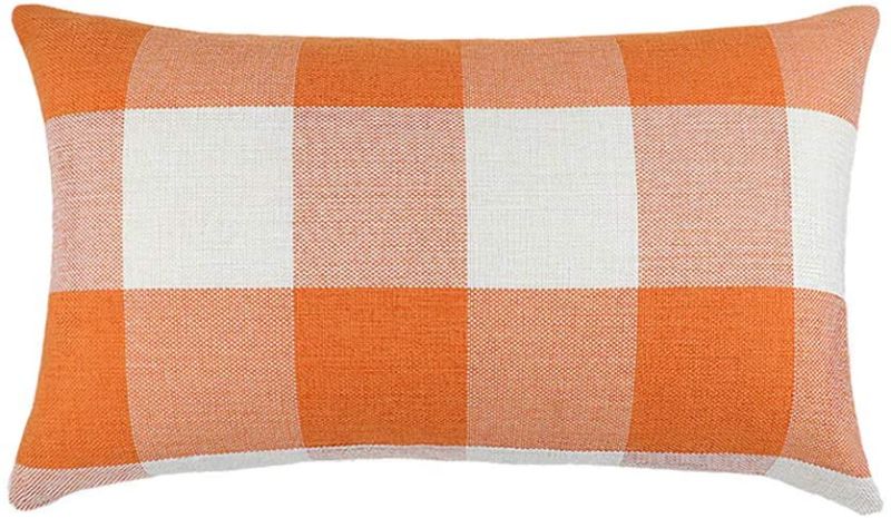 Photo 1 of  Orange White Buffalo Check Plaids Throw Pillow Case Cushion Cover Holiday Decor Cotton Linen for Sofa 2 PACK 