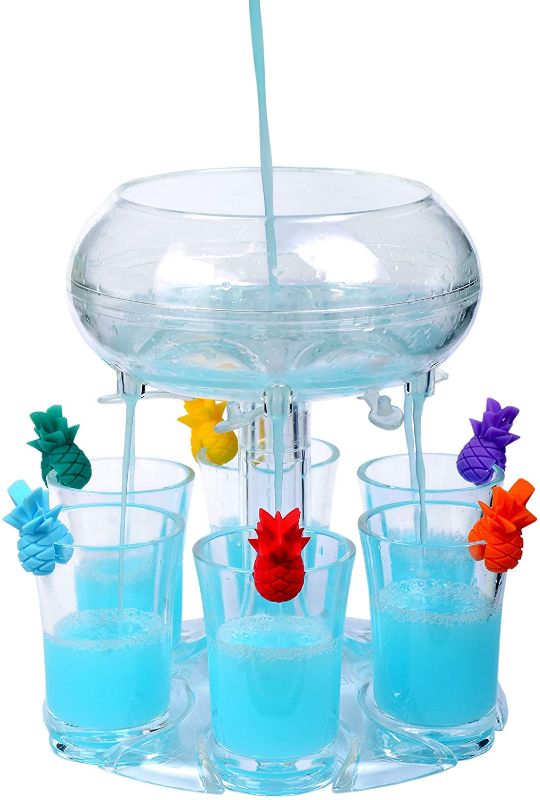 Photo 1 of 6 Shot Glass Dispenser and Holder (including Shot Glass Set of 6 + Silicone Glass Marker Set of 6) - Shot Pourer - 6 Shot Dispenser - Shot Fountain - Birthday Shot Glass - Liquor Dispenser