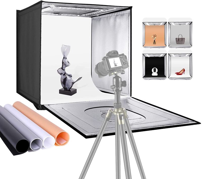 Photo 1 of Neewer Photo Studio Light Box, 20” × 20” Shooting Light Tent with Adjustable Brightness, Foldable and Portable Tabletop Photography Lighting Kit with 80 LED Lights and 4 Colored Backdrops