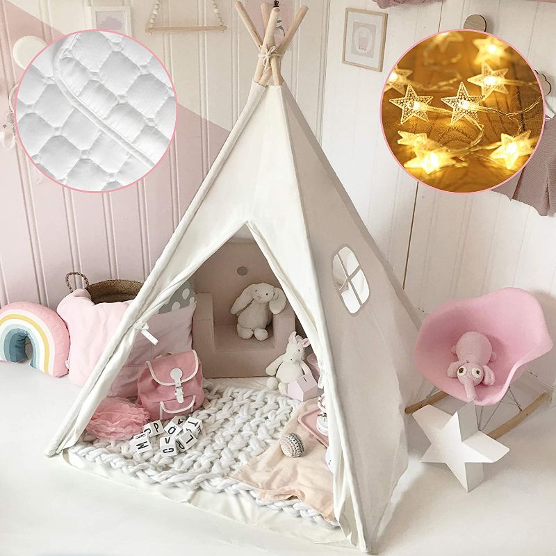 Photo 1 of Tiny Land Kids Teepee Tent with Mat & Light String& Carry Case- Kids Foldable Play Tent for Indoor Outdoor, Raw White Canvas Teepee - Kids Playhouse - Portable Kids Tent
