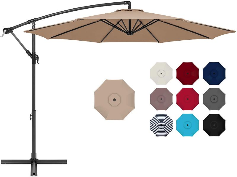 Photo 1 of Best Choice Products 10ft Offset Hanging Market Patio Umbrella w/Easy Tilt Adjustment, Polyester Shade, 8 Ribs for Backyard, Poolside, Lawn and Garden - Tan
