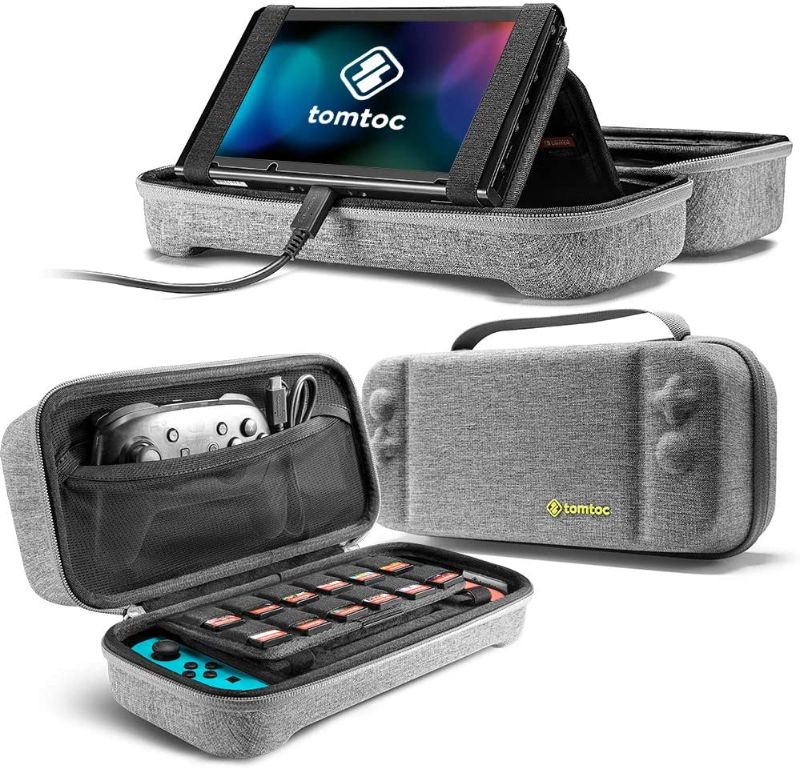 Photo 1 of tomtoc Carrying Case for Nintendo Switch, Large Travel Switch Case with 24 Game Cartridges for Switch Consol and Pro Controller, Protective Portable Carry Case with Stand, Gray