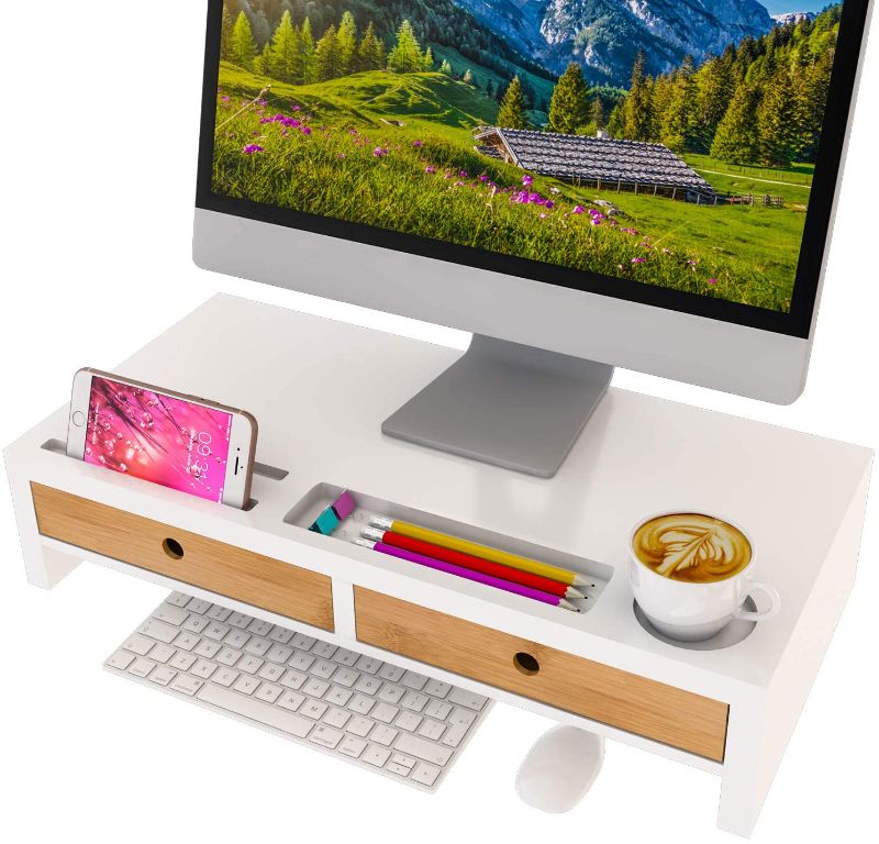 Photo 1 of Computer Monitor Stand with Drawers - White Wood Laptop Screen Printer TV Riser 22.05L 10.60W 4.70H inch, Desk Organizer in Home&Office