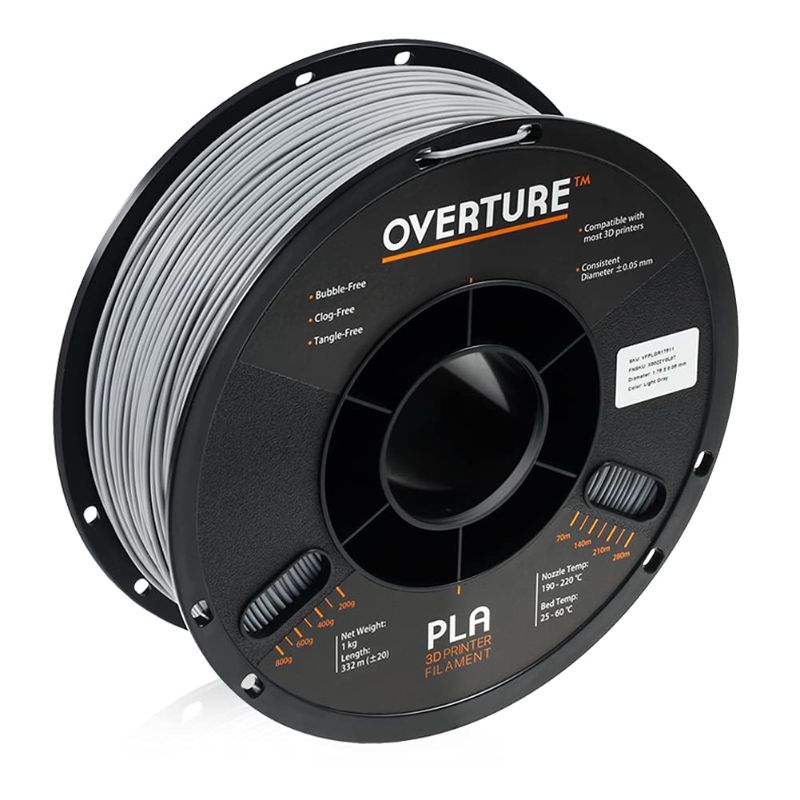 Photo 1 of OVERTURE PLA Filament 1.75mm 3D Printer Consumables, 1kg Spool (2.2lbs), Dimensional Accuracy +/- 0.05 mm, Fit Most FDM Printer(Light Gray)