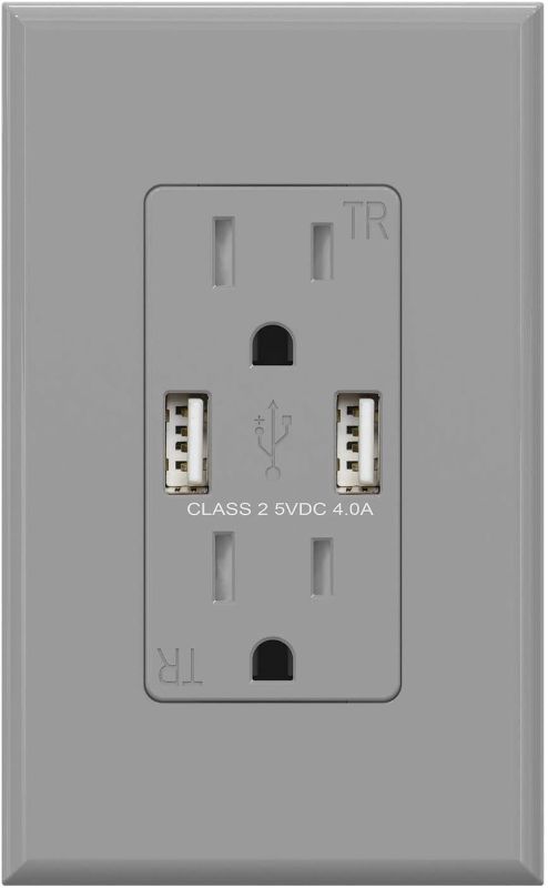 Photo 1 of (1 Pack, Glossy Gray) ELEGRP USB Outlet Wall Charger, Dual High Speed 4.0 Amp USB Ports with Smart Chip, 15 Amp Duplex Tamper Resistant Receptacle Plug NEMA 5-15R, Wall Plate Included, UL Listed