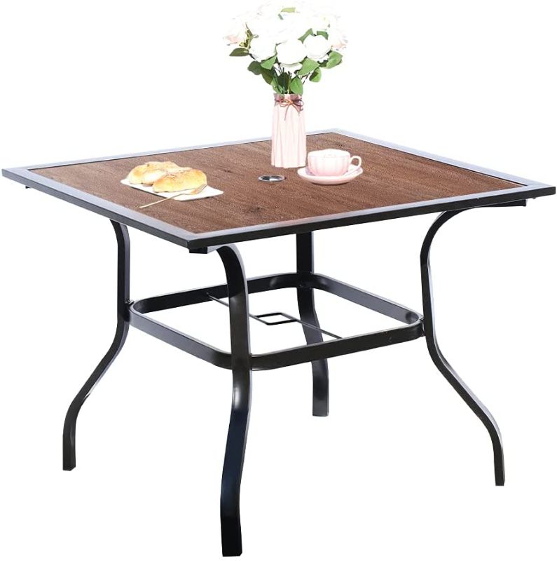 Photo 1 of EMERIT Outdoor Patio Dining Table Square Metal Table with Umbrella Hole and Wood-Like Tabletop
