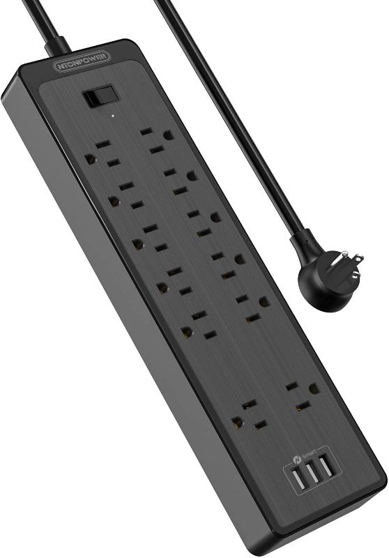 Photo 1 of 12 Outlets Power Strip Surge Protector with 3 USB Ports, 1875W Flat Plug Power Strip, 5ft Heavy-Duty Extension Cord, Widely Spaced Outlet, Wall Mount for Office Home Theater Workshop, 1700J, White 
