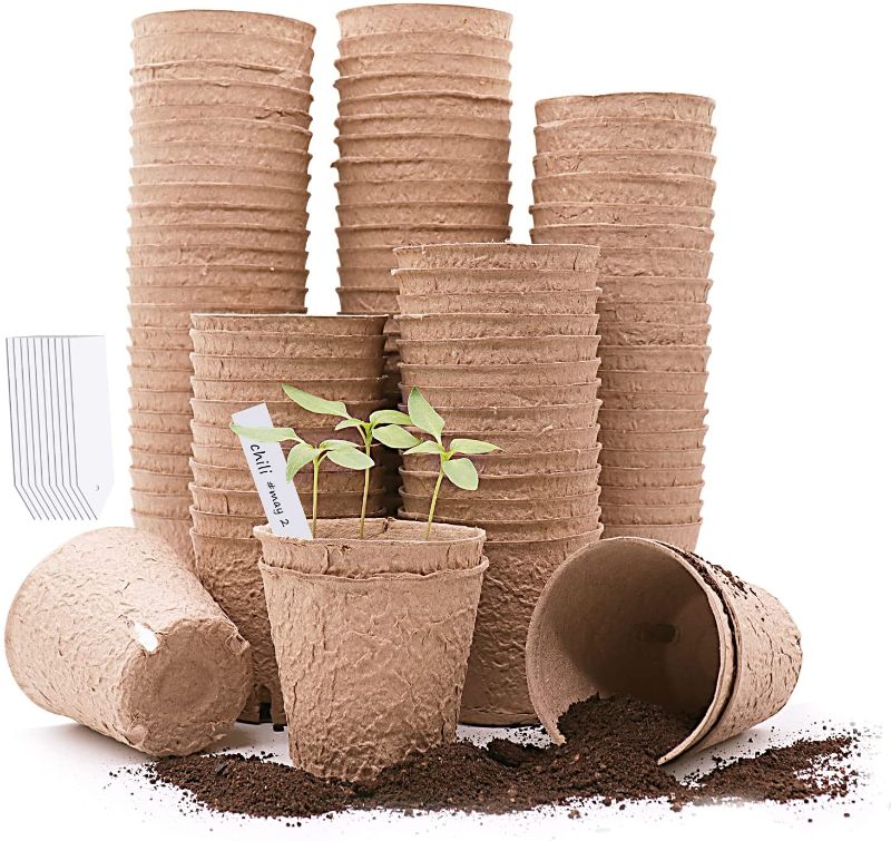 Photo 1 of LEBOO Peat Pots, 3.15 " -100 Packs Seed Starting Pots with Drainage Holes, Biodegradable Plant Pots with 10 Plant Labels for Garden Germination, Greenhouse or Nursery

