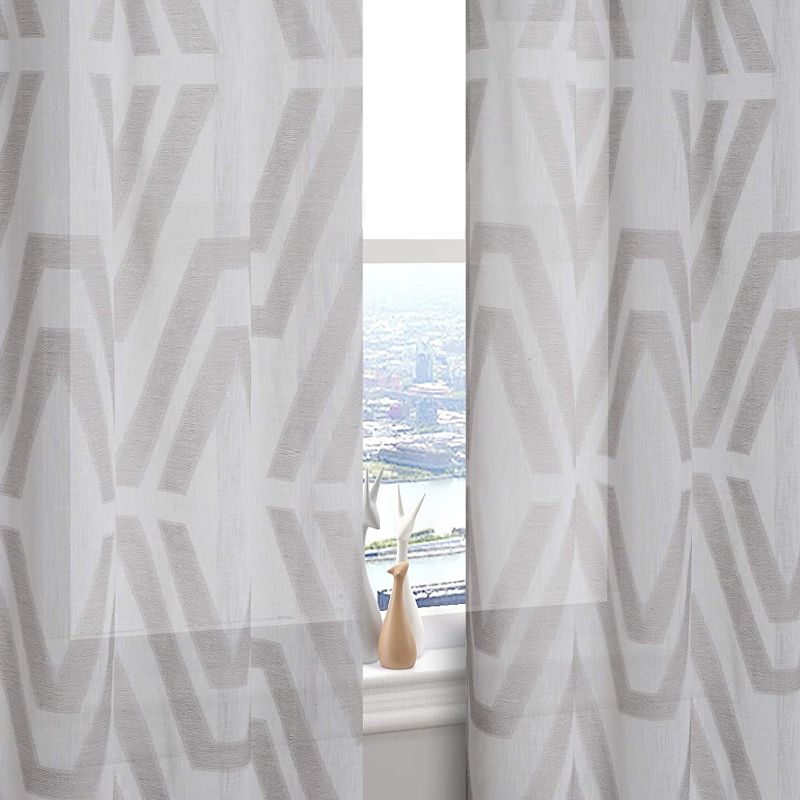 Photo 1 of Central Park Gray White Sheer Window Curtain Panel Geometric Jacquard Design for Rustic Living Room/Bedroom Linen Drape Treatment Farmhouse Curtain with 8 Grommets Top, Gray, 50" x 63", 2 Piece