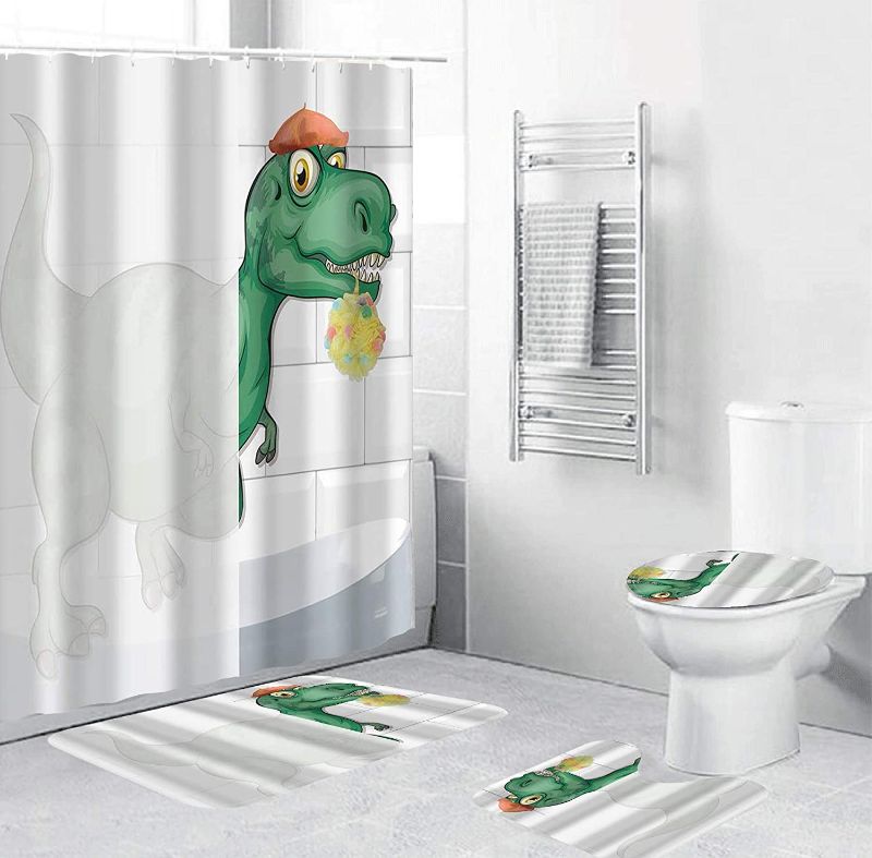 Photo 1 of 4 Pcs Green Cartoon Dinosaur Shower Curtain Set with Non-Slip Rugs, Toilet Lid Cover and Bath Mat Funny Dinosaur Shower Curtain Bathroom Decor with Hooks Green-L