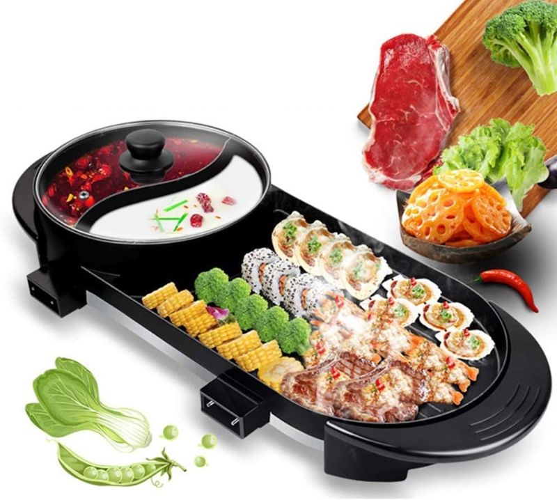 Photo 1 of Multifunctional Electric Hot Pot Grill, Indoor Korean BBQ Grill/Self Heating Hot Pot, Non-stick Pan, Independent dual power supply with temperature control regulator for RV Trip or Family Dinner.
