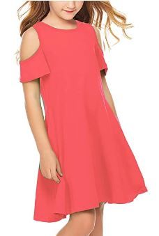Photo 1 of Arshiner Girls Summer Dress Short Sleeve Cold Shoulder Solid Color Swing Casual Dresses with Pockets---150
