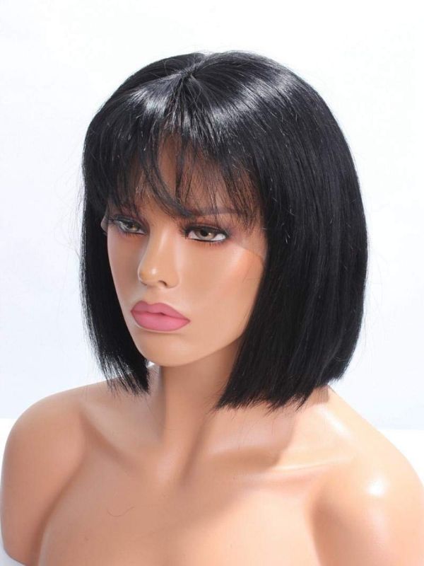 Photo 1 of China Bang Bob Wig – 80% Density – Short Straight Bob Wig with Bangs – Human Hair - Machine Made Non Lace – #1B Natural Black – 10 inches
