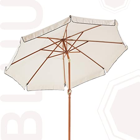 Photo 1 of BLUU 9 FT Fringed Market Umbrella Aluminum Outdoor Patio Table Umbrellas with Tilt Aluminum Faux Wood Frame, Premium 3-Year Nonfading Olefin Canopy with Fringe
