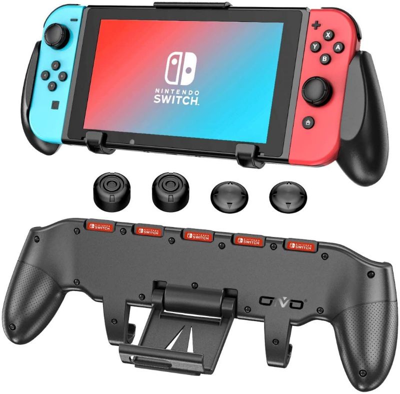 Photo 1 of Switch Grip with Upgraded Adjustable Stand Compatible with Nintendo Switch, OIVO Asymmetrical Grip with Upgraded Adjustable Stand/Cartridge Holders and 5 Game Slots- 4 Thump Caps Included
