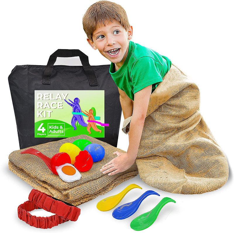 Photo 1 of 4 Player Outdoor Games For Kids and Adults - Potato Sack Race, Egg & Spoon Race, 3-Legged Relay Race - with Storage Bag, Lawn Games for BBQ, Picnic, Easter, Family Reunion, Birthday Party, Halloween
