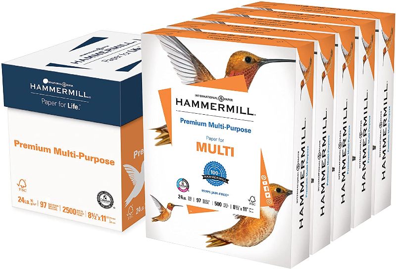 Photo 1 of Hammermill Printer Paper, Premium Multipurpose Paper 24 lb, 8.5 x 11 - 5 Ream (2,500 Sheets) - 97 Bright, Made in the USA, 105810C