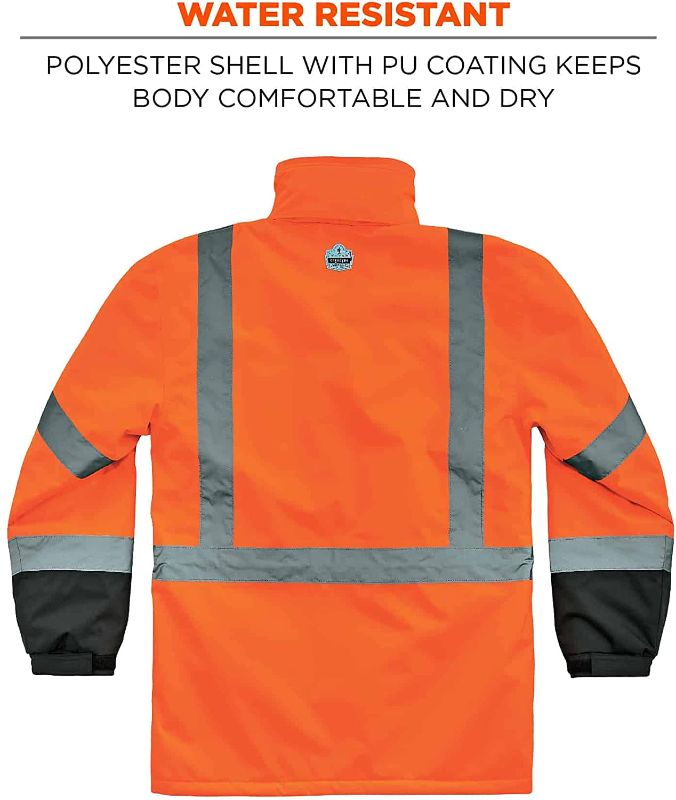 Photo 2 of High Visibility Reflective Winter Safety Jacket, Insulated Parka, ANSI Compliant, Ergodyne GloWear 8384, Orange, 5X-Large
