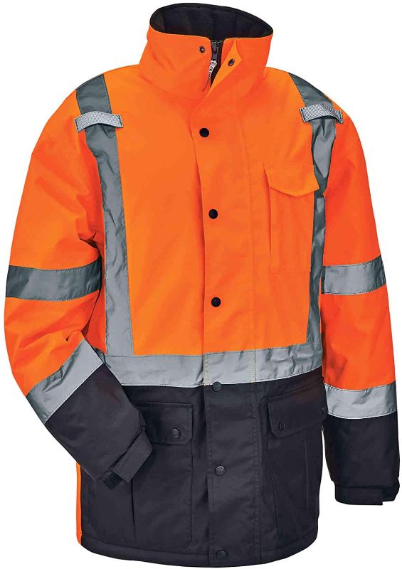 Photo 1 of High Visibility Reflective Winter Safety Jacket, Insulated Parka, ANSI Compliant, Ergodyne GloWear 8384, Orange, 5X-Large
