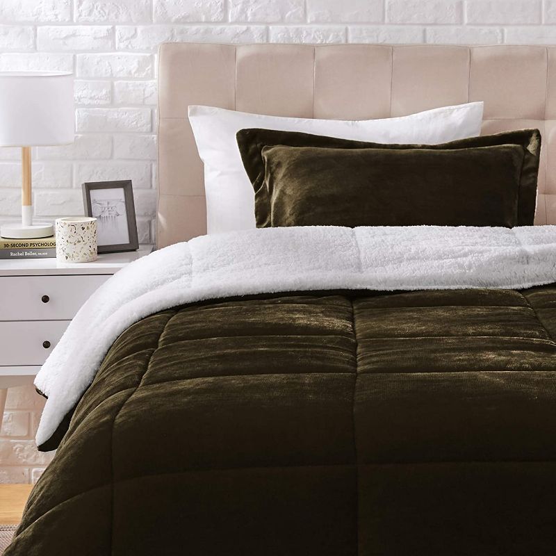 Photo 1 of Amazon Basics Ultra-Soft Micromink Sherpa Comforter Bed Set - Chocolate, Twin