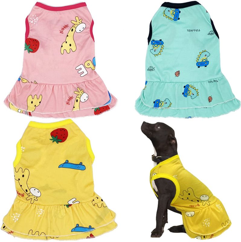 Photo 1 of ROZJOVU 3 Pack Dog Skirt Shirt Dog Sleeveless Dress Shirt Breathable Pet Shirts with Ruffles Dog Sundress Girl Puppy Clothes Pet Apparel for Extra Small Cats Outfits Cute Pattern