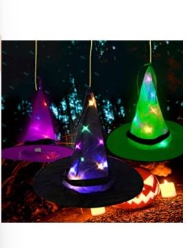 Photo 1 of 3 Pieces Halloween LED Lighted Witch Hats Hanging Decoration Hat Set, Glowing Witch Hats Halloween Party Lighting Hats Button Battery Powered for Tree Yard Garden