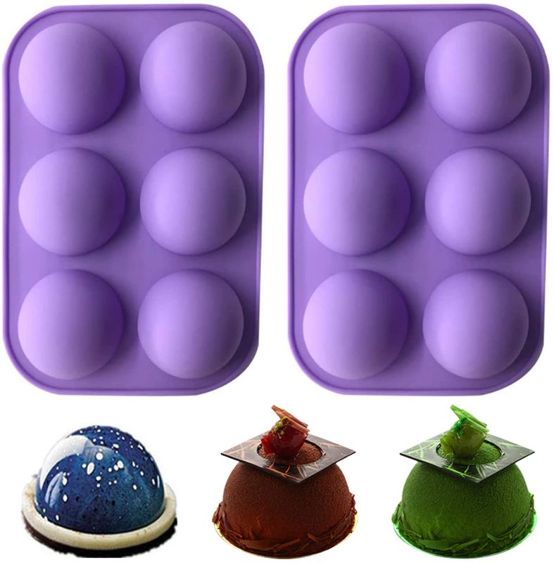Photo 1 of YASUOA 2 Pieces Semi Sphere Silicone Mold, 6 Holes Chocolate Baking Mold, for Making Cocoa Bombs, Muffin, Jelly, Dome Mousse, Half Circle Baking Tray for Teacake, Soap, Desserts, 5cm/1.96'' (Purple)