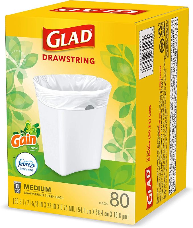 Photo 1 of Glad Drawstring Gain Odor Shield Medium Trash Bags - 8 Gallon - 80ct
